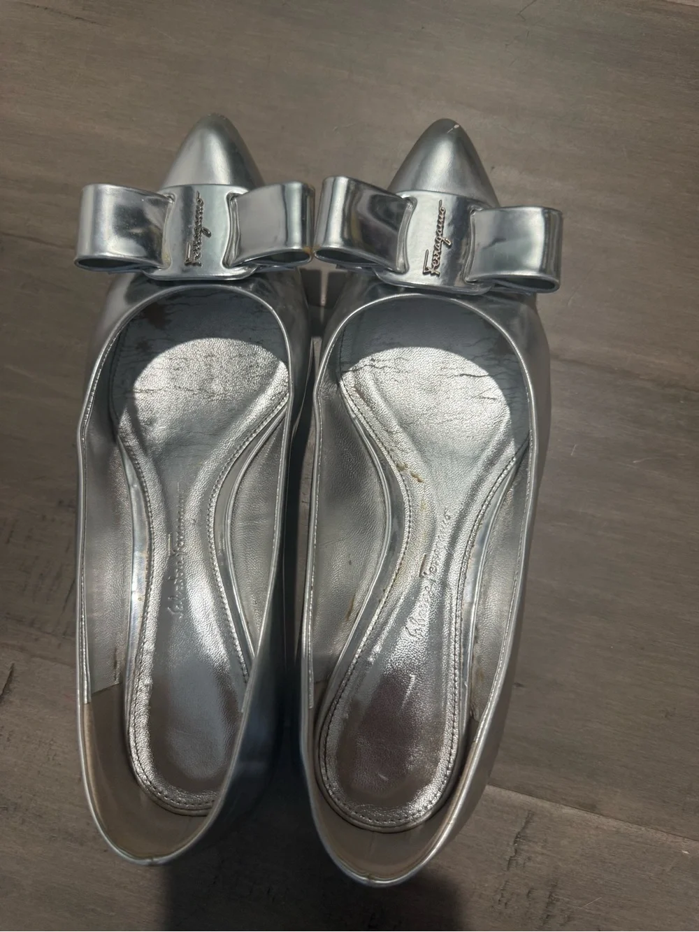 Salvatore Ferragamo Metallic Silver Pointed-Toe Bow Flats